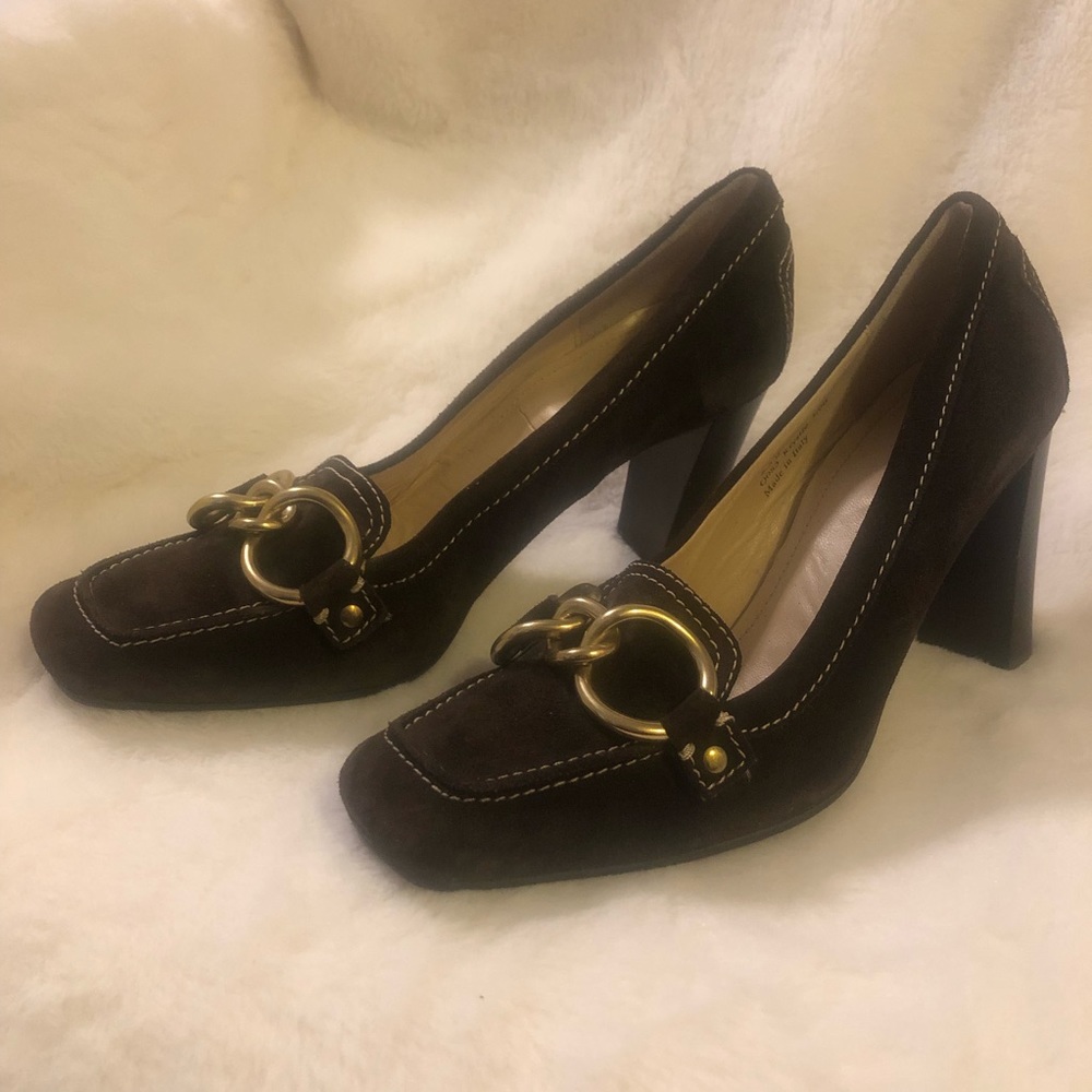 Coach Brown Suede High-Heel Loafers 8.5